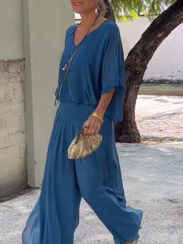 Women's V-Neck Jumpsuit Wide Leg Batwing Sleeve Two Piece