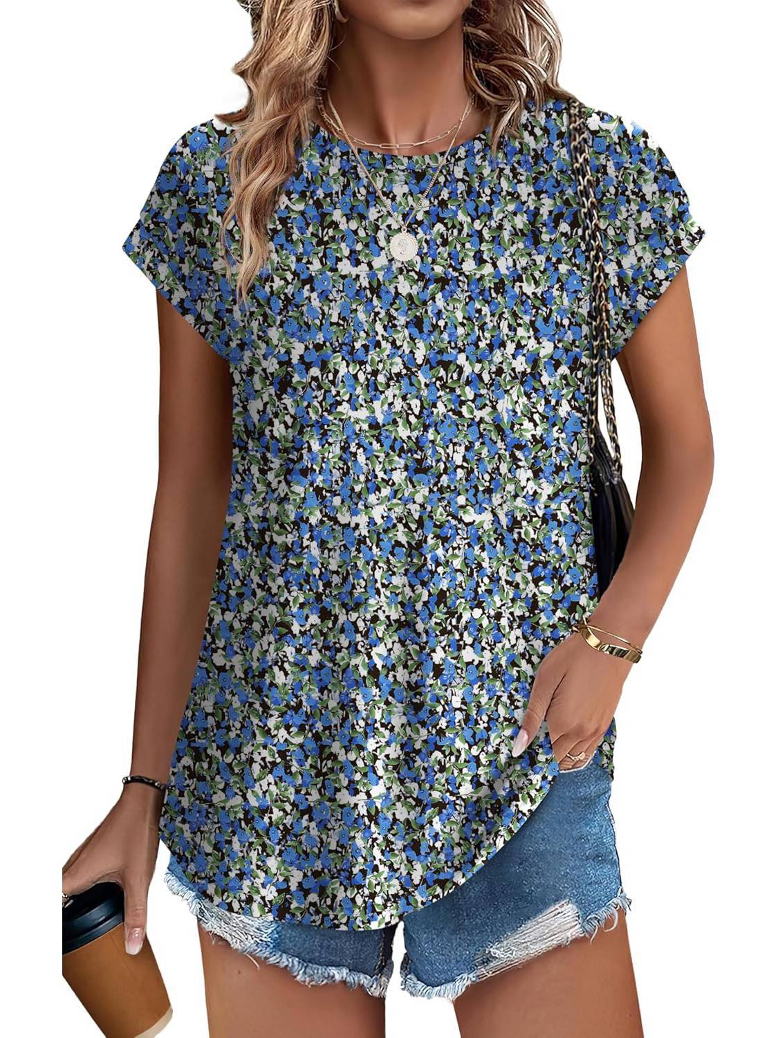Women's Leaf Print Crew Neck Cap Sleeve Blouse