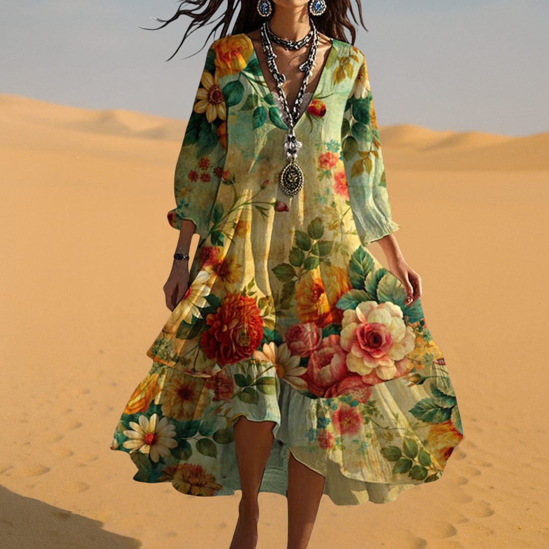 Women's Floral Maxi Dress V-Neck Three-Quarter Sleeves