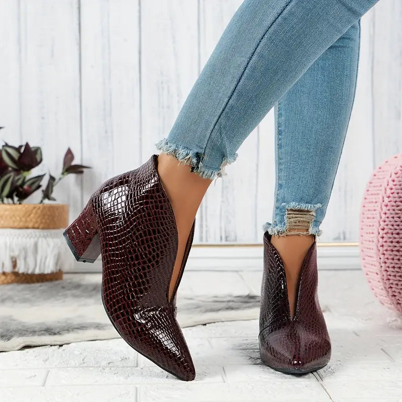 Women's Pointed Toe Ankle Boots Textured Block Heel