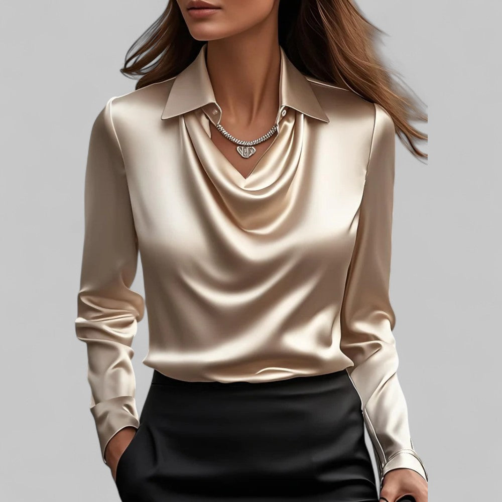 Women's Long Sleeve Satin Blouse Draped Neck