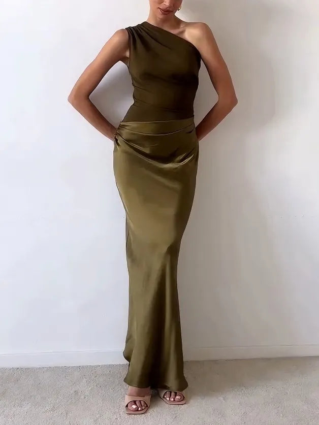 Elegant One Shoulder Ruffled Maxi Evening Gown