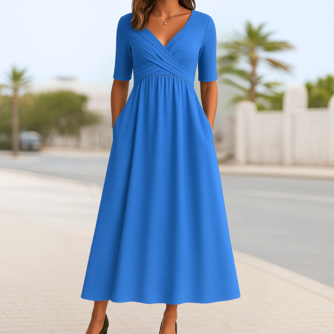 Women's Red V-Neck Midi Evening Dress