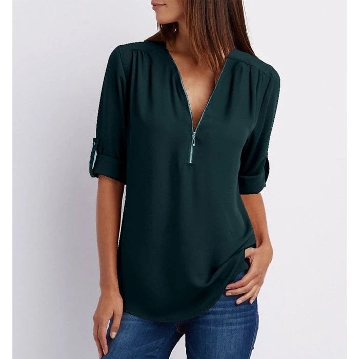 Women's Casual Blouse Zip-Up V-Neck Half Sleeve Rose