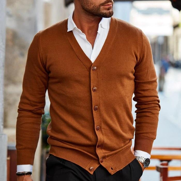 Men's Slim Fit V Neck Cardigan Button Front Pockets