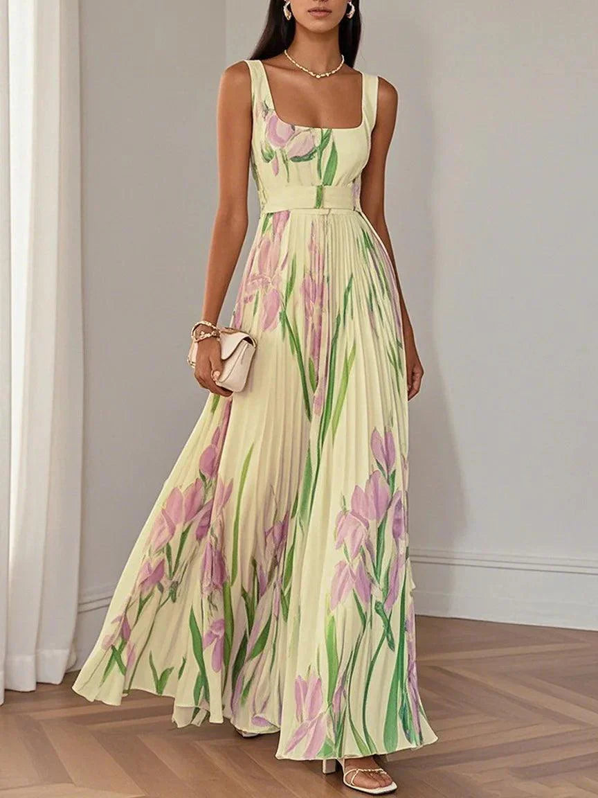 Women's Pleated Maxi Dress Floral Print Wide Straps