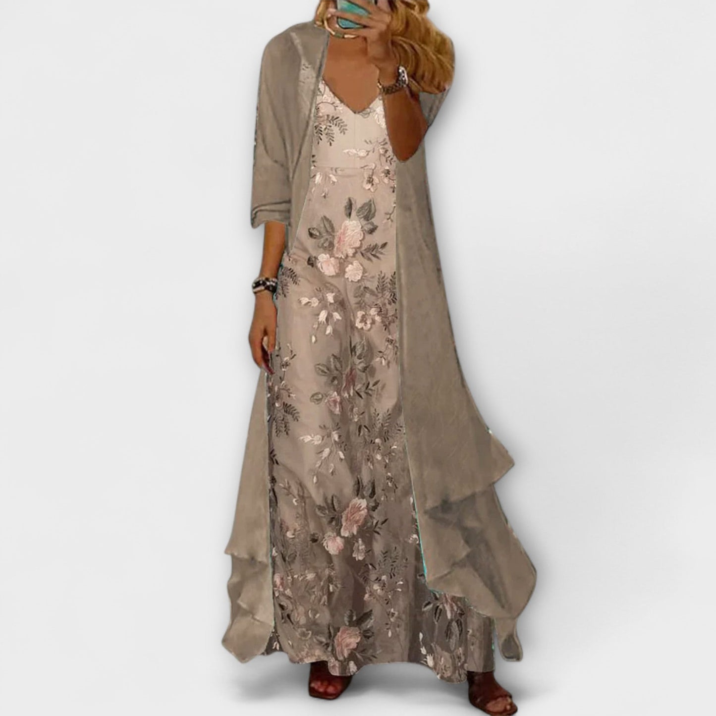 Women's Floral Maxi Dress Set Longline Cardigan - VibreMode