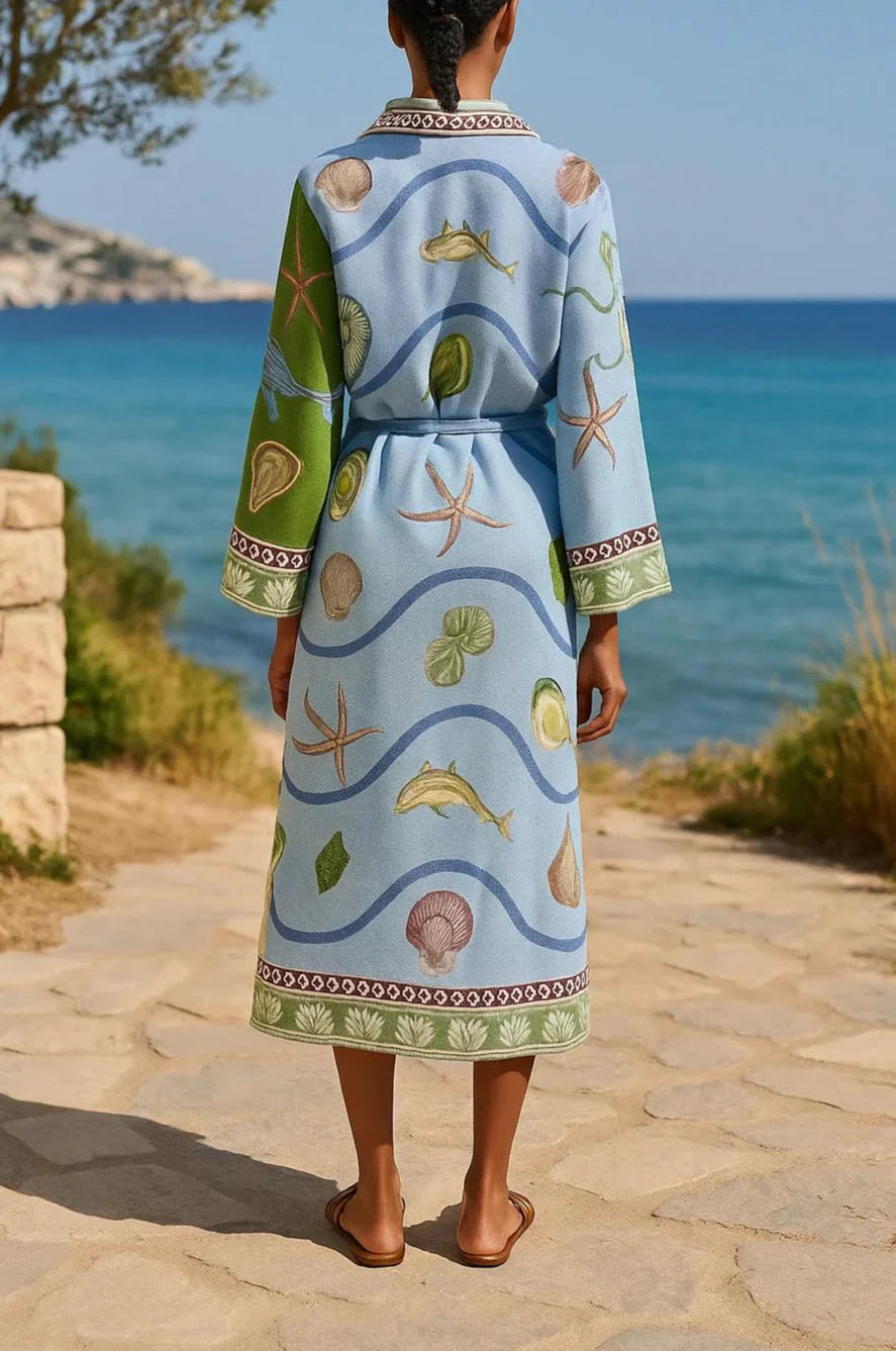 Womens Printed Midi Dress Belted Cotton