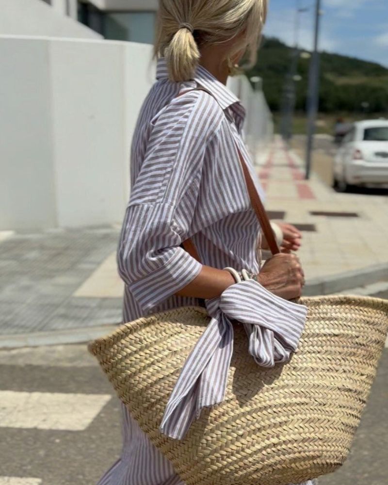 Women's Striped Midi Dress Cotton Button Front 3/4 Sleeve