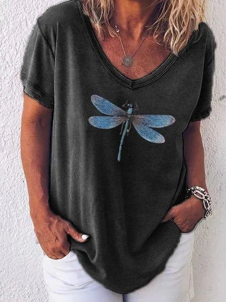 Women's V-Neck Short Sleeve Tee Dragonfly Print Casual