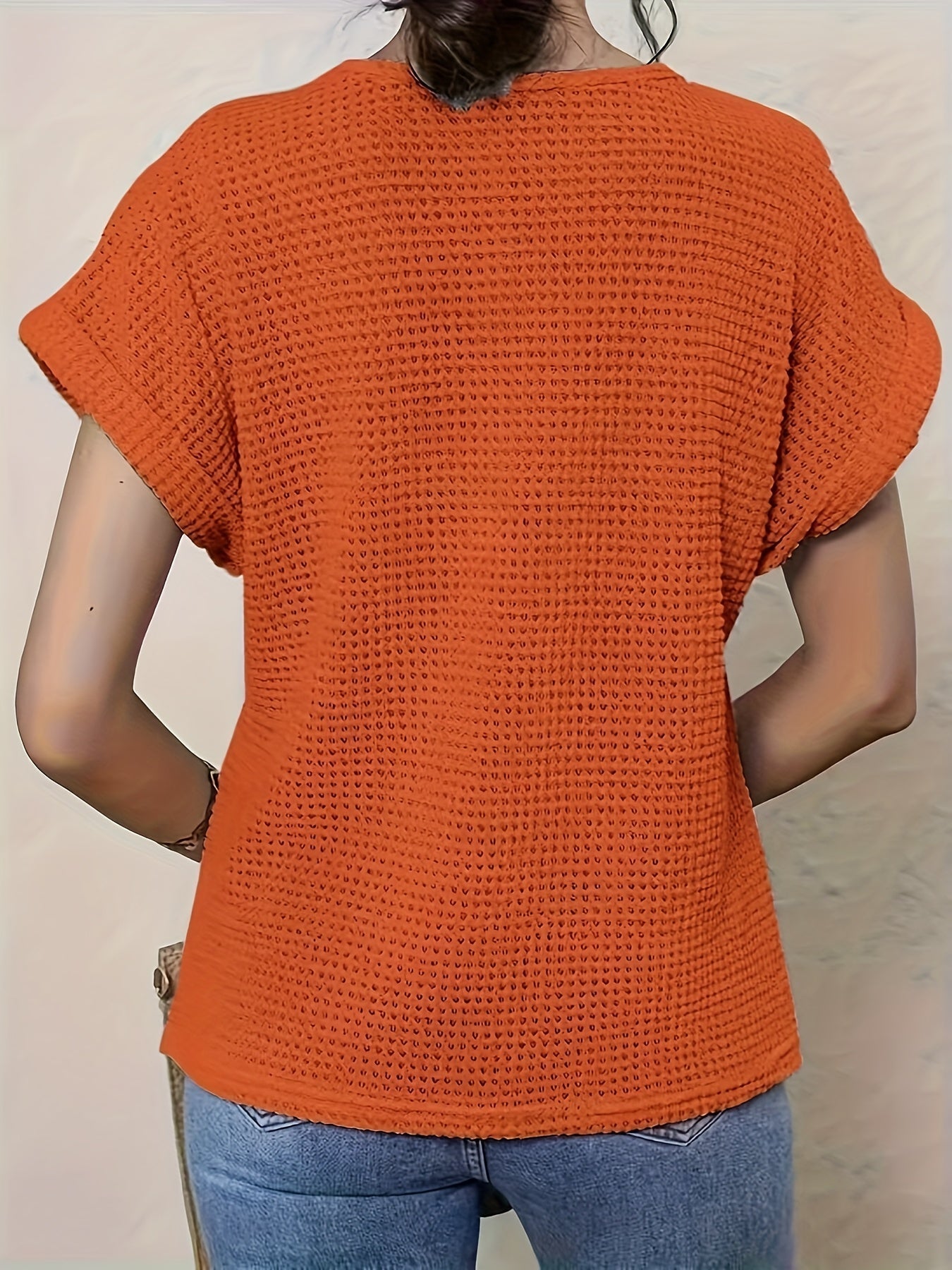 Women's Short Sleeve Waffle Knit Shirt Crochet Detail