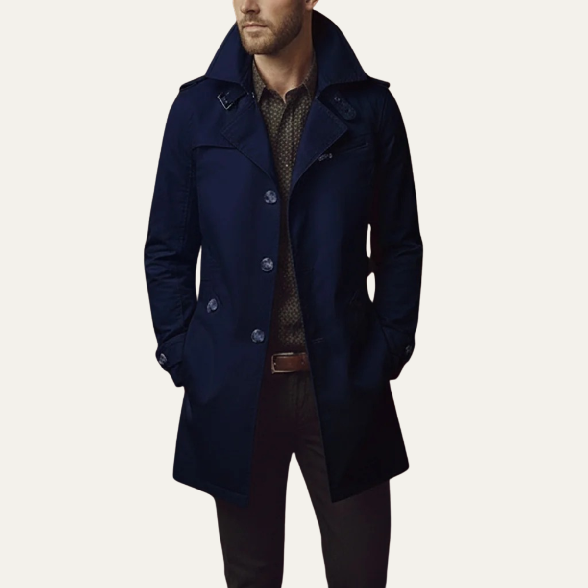 Men's Slim Fit Trench Coat Single Breasted Wool Black