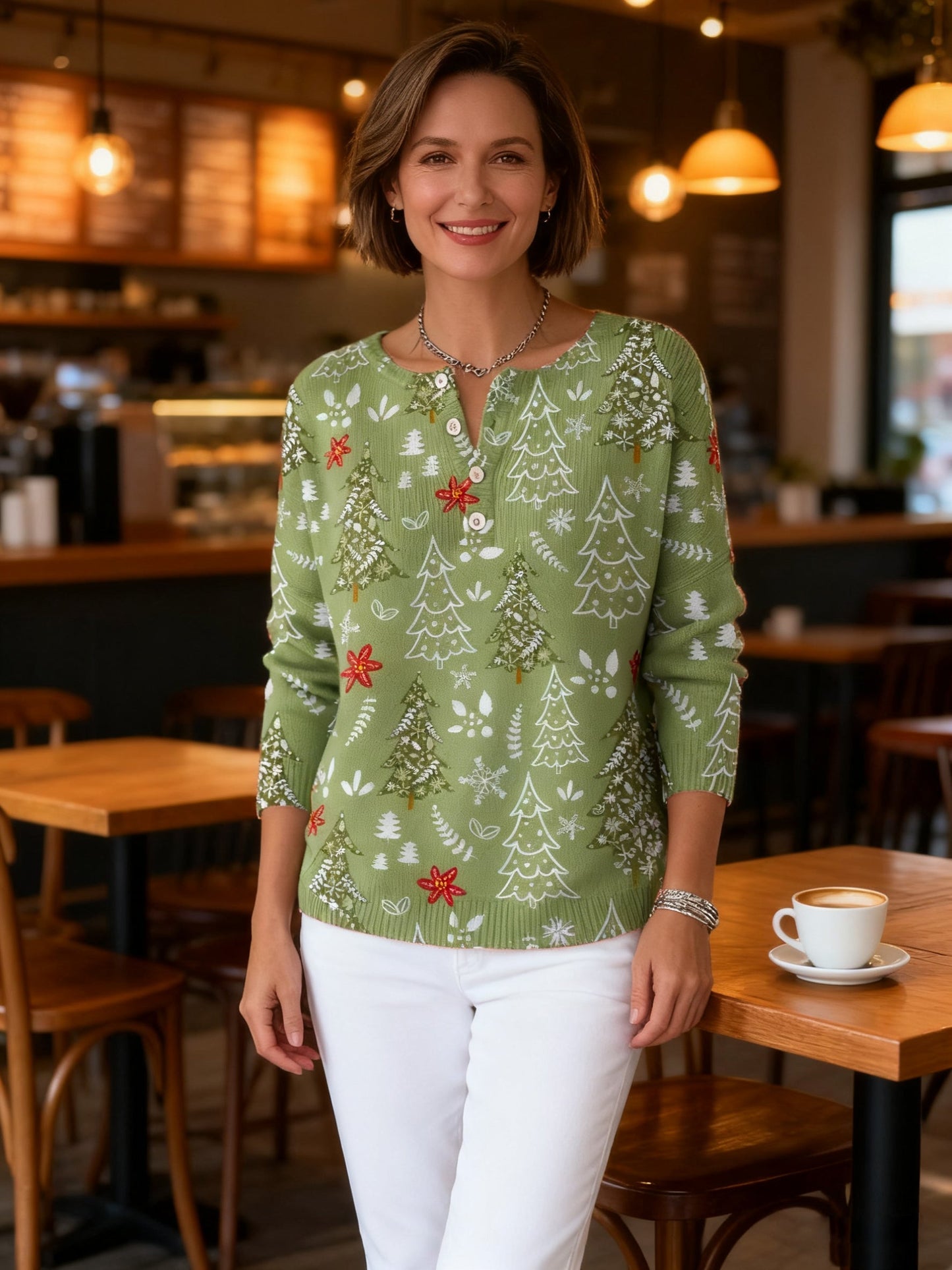 Women's Holiday Print Blouse Button Front