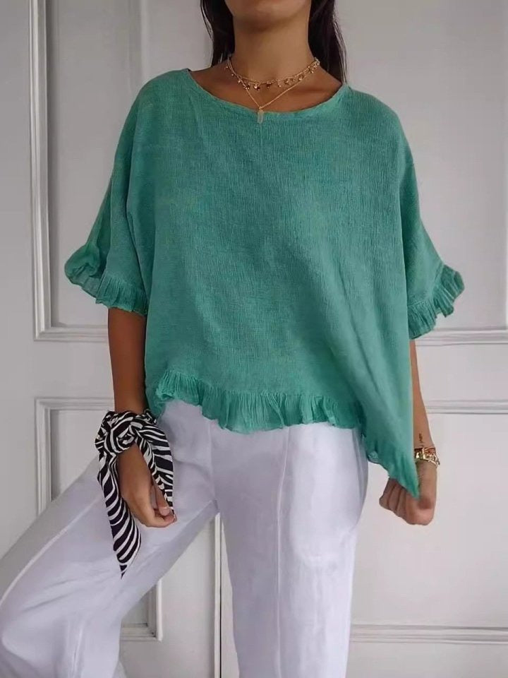 Women's Ruffle Blouse Half-Sleeve Round Neck Cotton