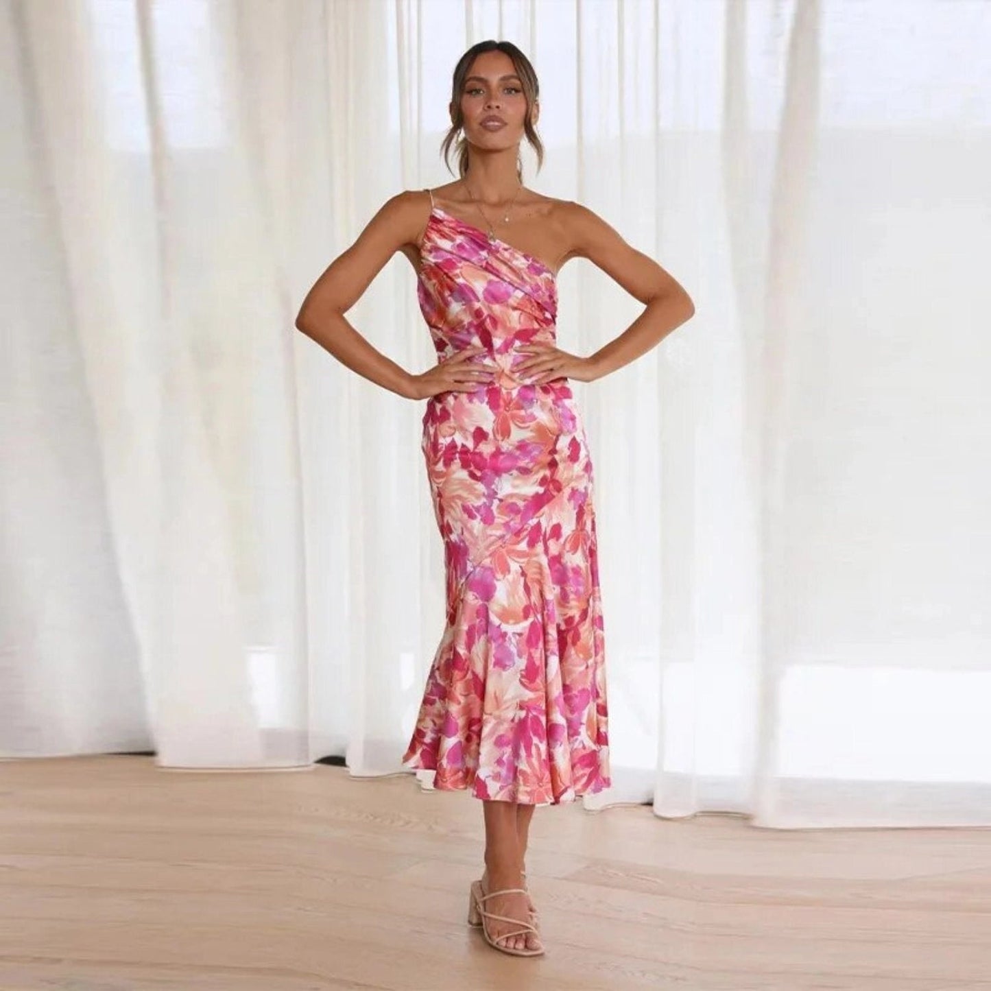 Elegant Ladies Floral Off Shoulder Midi Dress