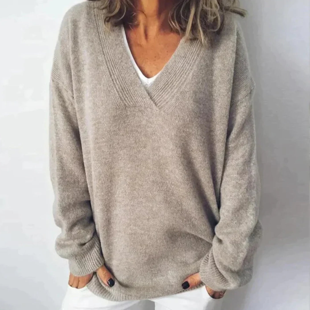 Women's Soft Gray Cashmere V-Neck Sweater Lightweight