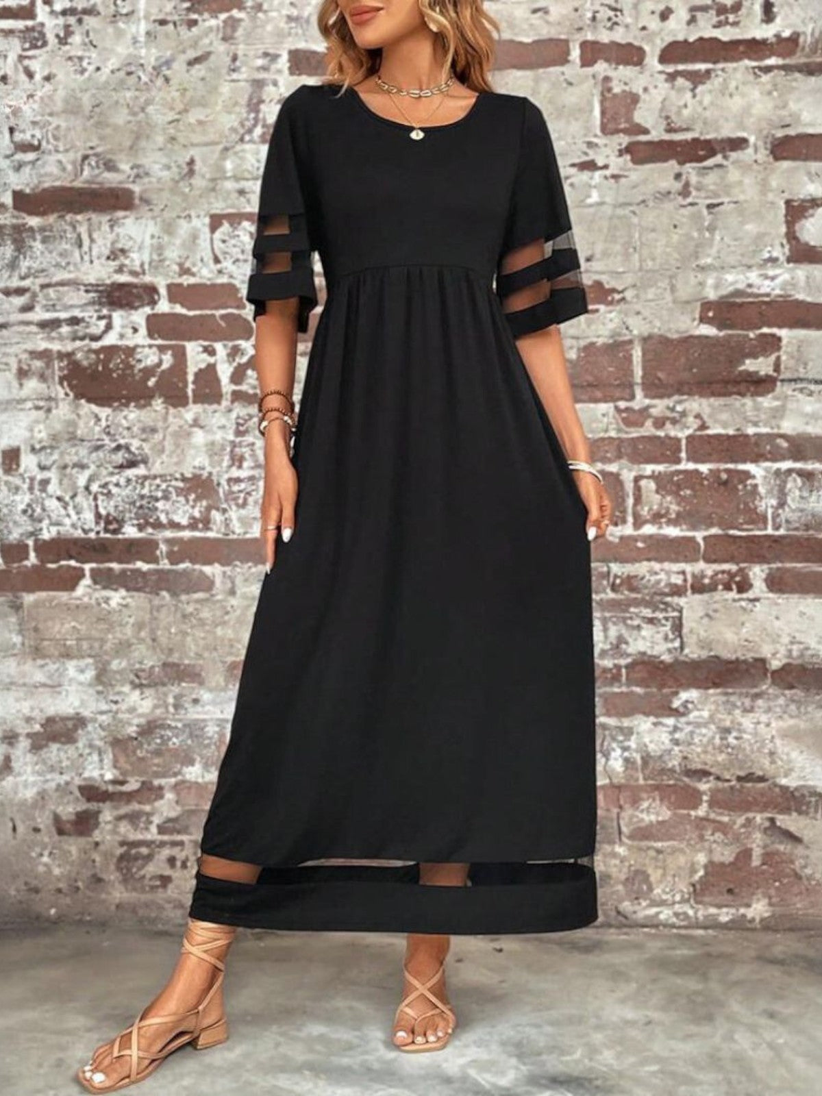 Women's Round Neck Maxi Dress Sheer Mesh Sleeves