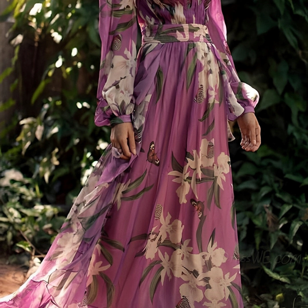 Women's Floral Maxi Dress V-Neck Balloon Sleeves