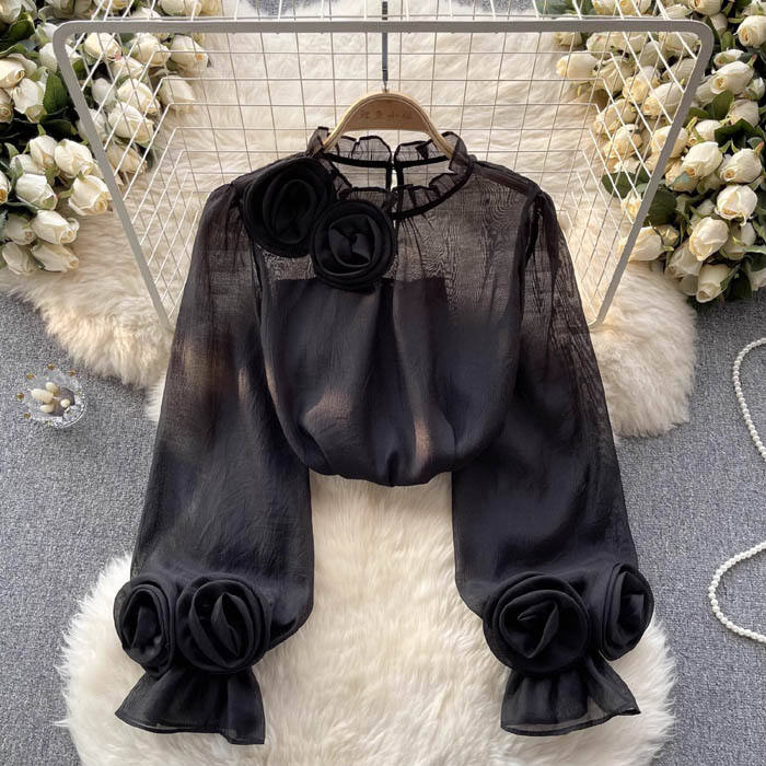 Women's Blouse High Neck 3D Floral Appliques Flared Sleeves
