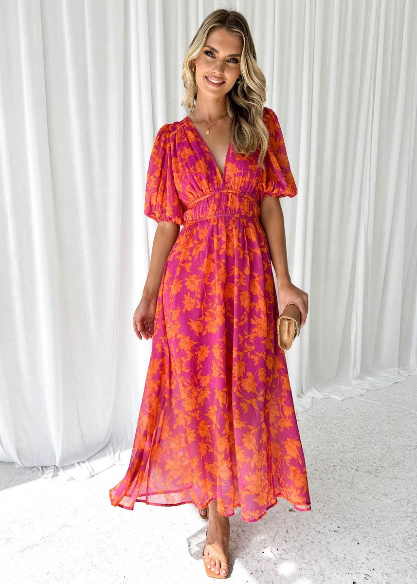 Women's Floral Midi Dress Puff Sleeves V-Neck