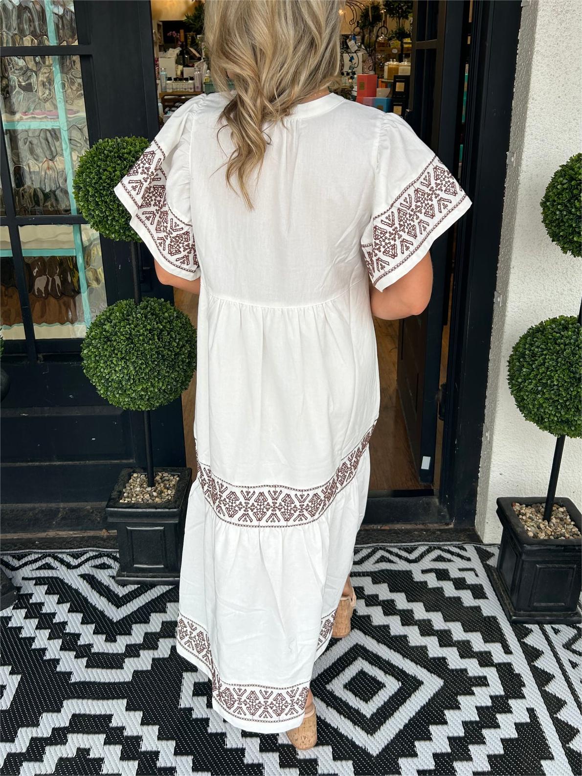 Women's Midi Dress Embroidered Notch Neck Short Sleeves