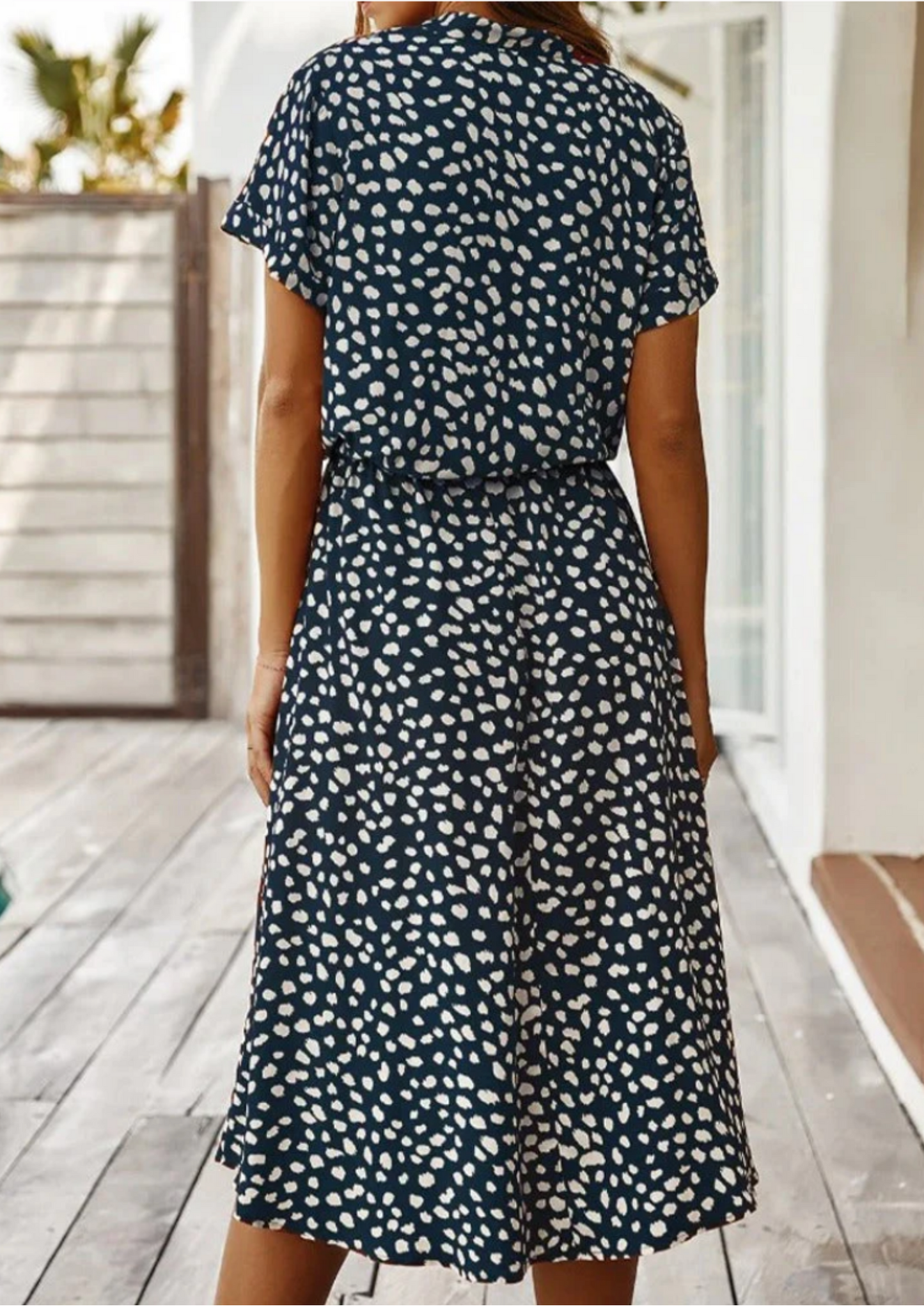 Women's Spotted Print Midi Dress Button Down
