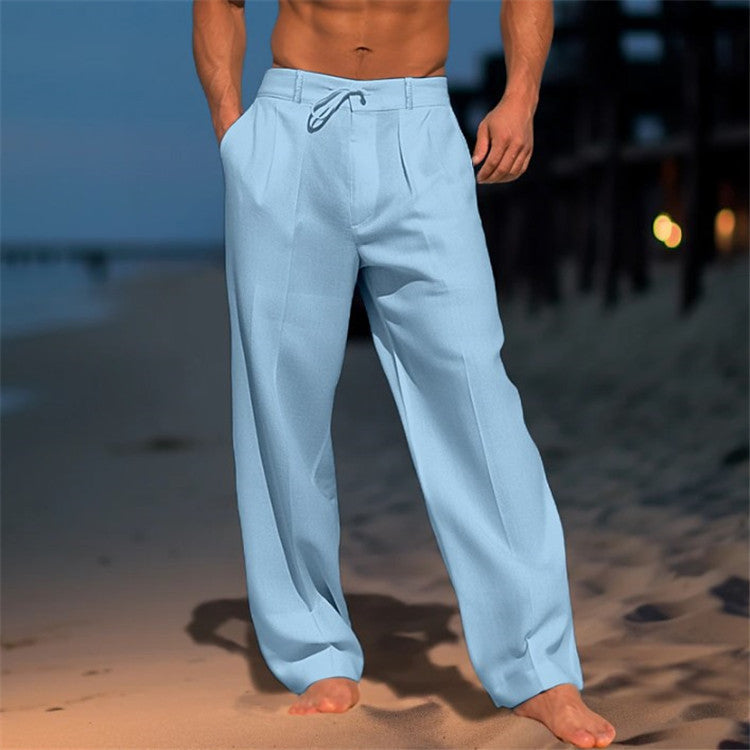 Men's Full-Length Pants Drawstring Waist Cotton Pleated Black