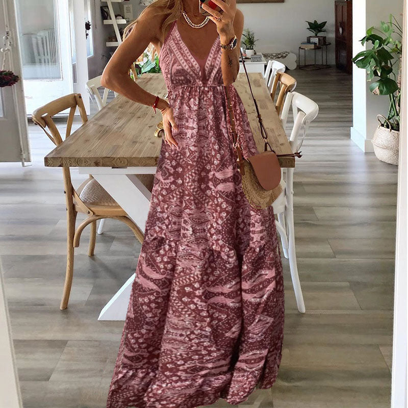 Women's Elegant V Neck Flowy Maxi Dress