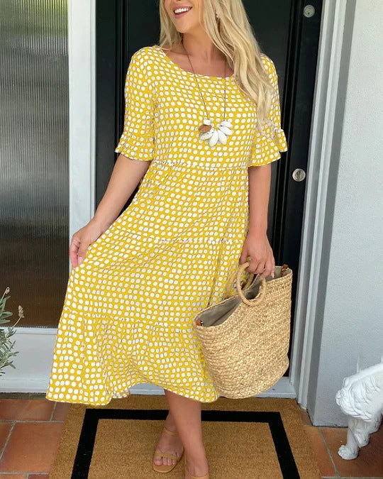Women's Midi Dress Dot Print Ruffle Sleeves Round Neckline