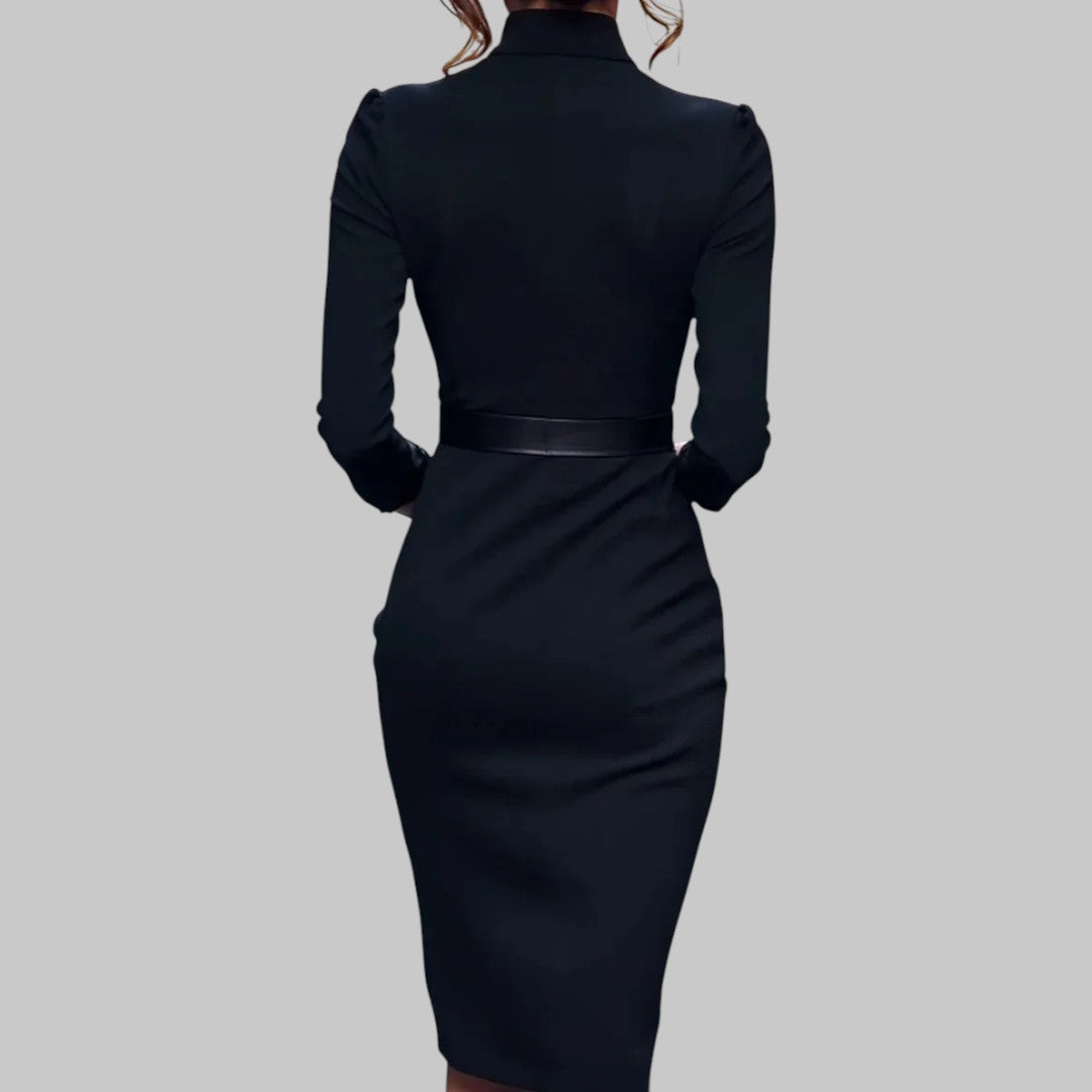 Women's Midi Sheath Dress Belted Refined Collar