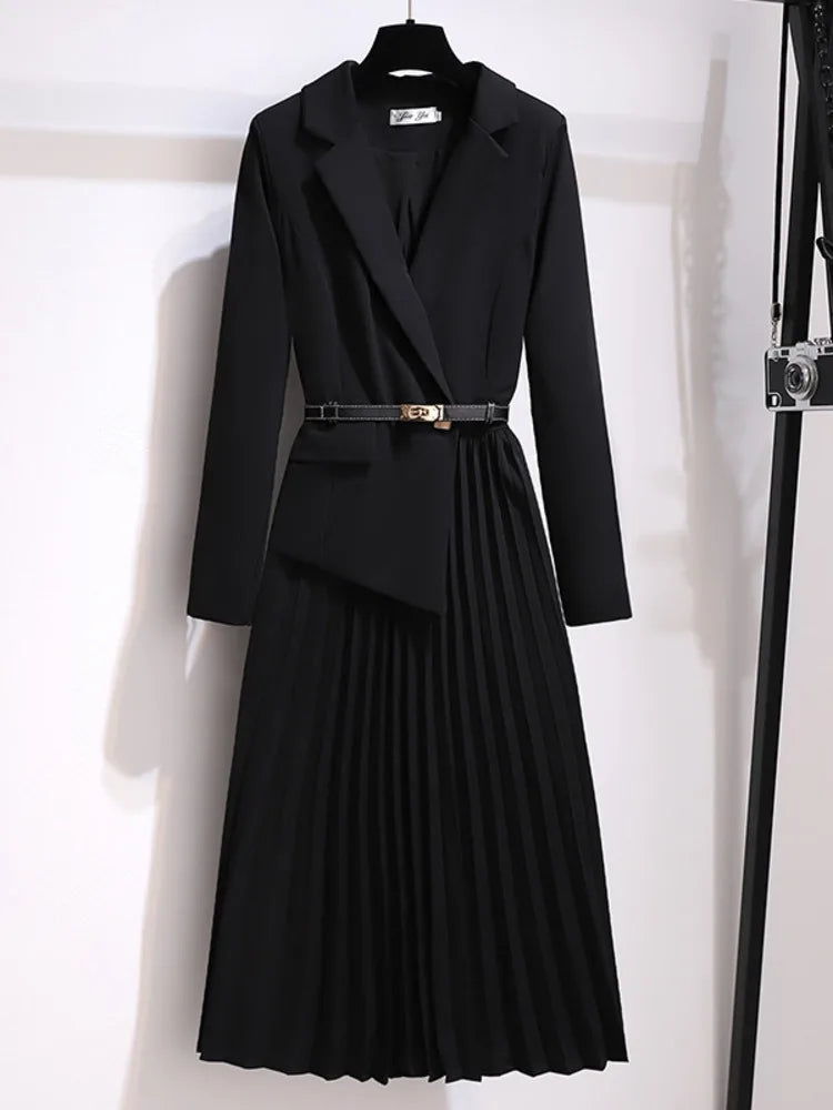 Women's Pleated Blazer Dress with Belt - VibreMode