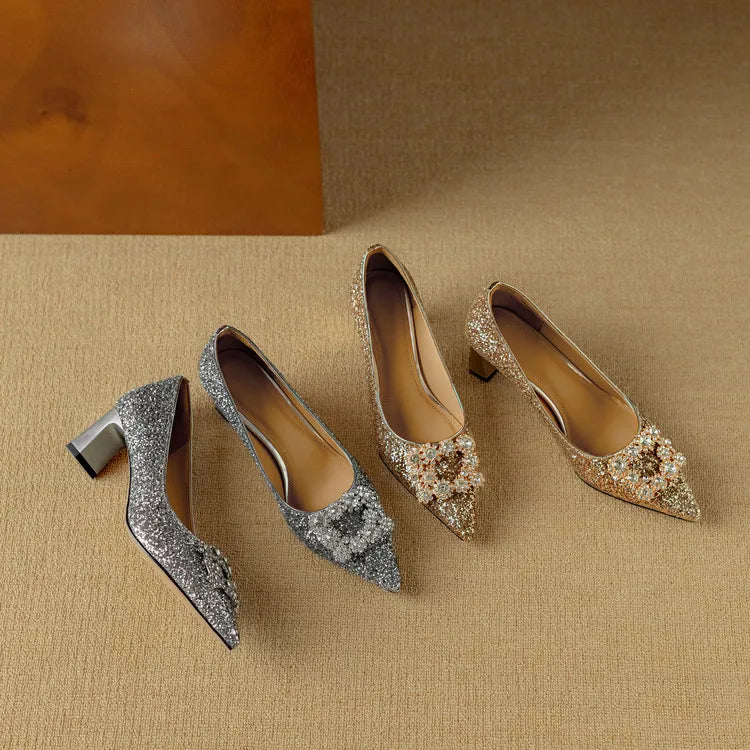 Sparkly High Heel Pumps with Crystal Strap Detail
