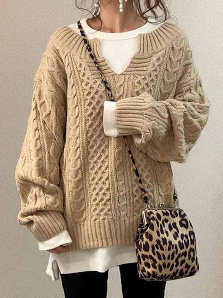 Women's Cable Knit Sweater Chunky Round Neck Beige