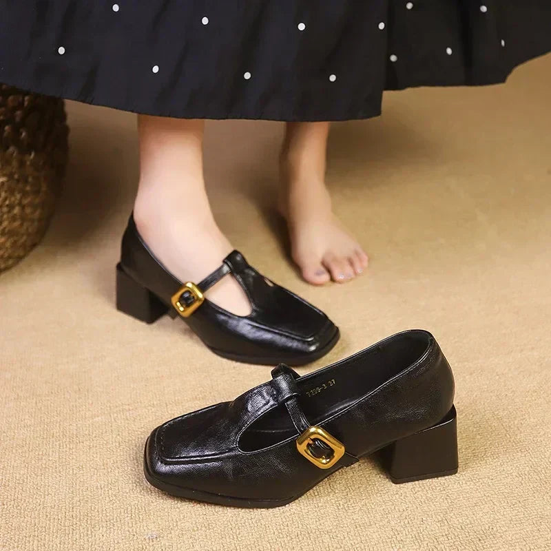 Women's Block Heel Mary Jane Shoes Gold Buckle