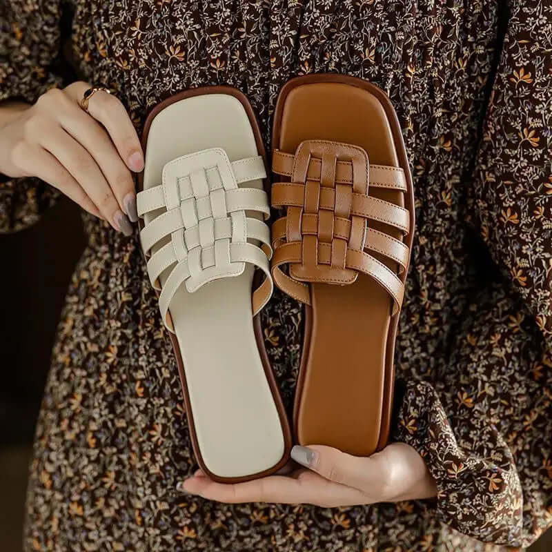Women's Leather Flat Slides Comfortable