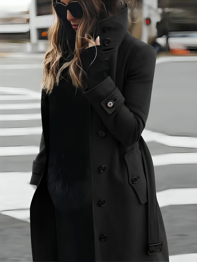Women's Long Coat High Collar Belted Wool Black