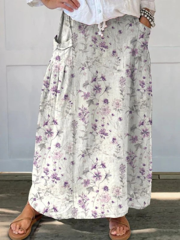 Women's Elastic Waist Skirt Floral Print With Pocket - VibreMode
