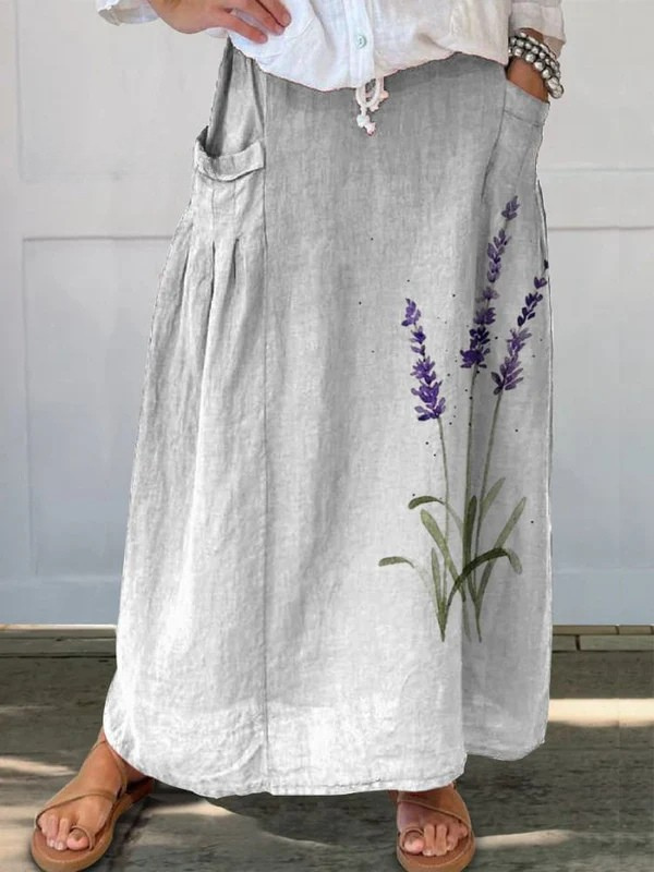 Lavender Floral Pocket Skirt Elastic Waistband - VibreMode