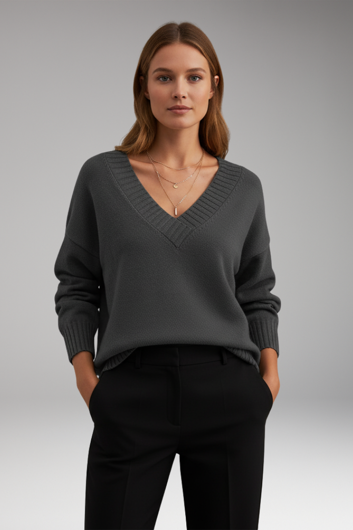 Women's V-Neck Knit Sweater Ribbed Trim