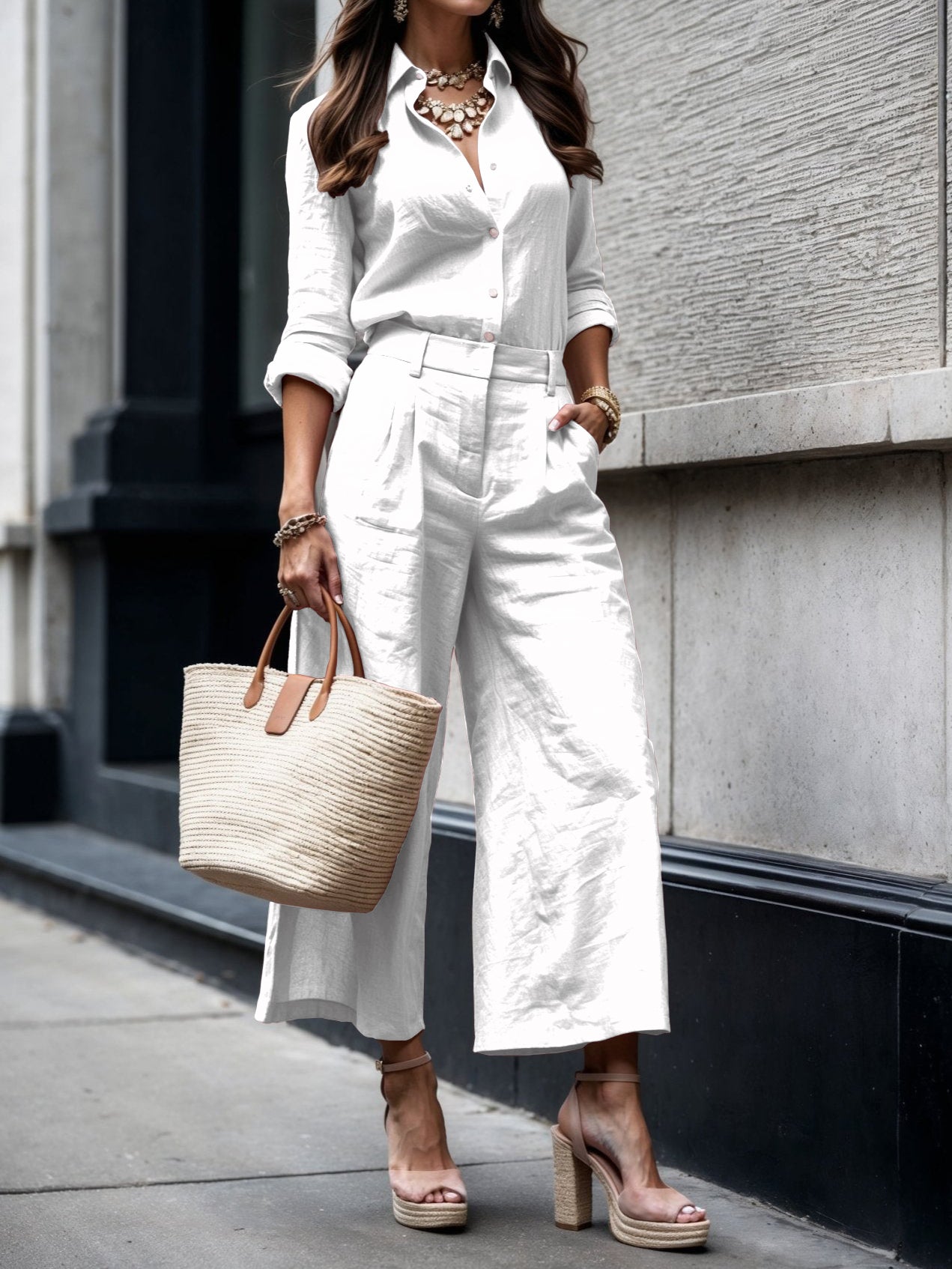 Women's Two Piece Pants Set Button Wide Leg