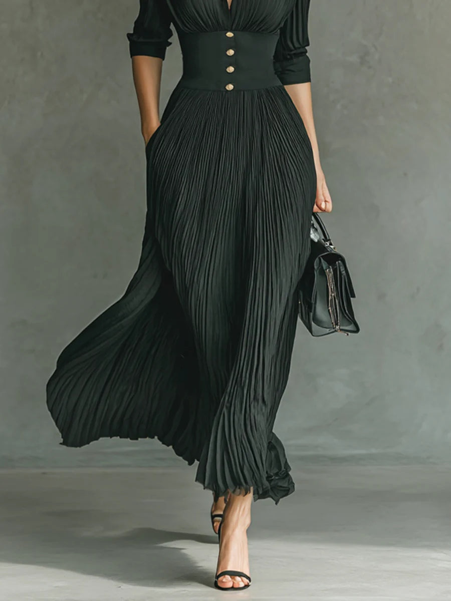 Women's Pleated Maxi Dress Elegant Waistline