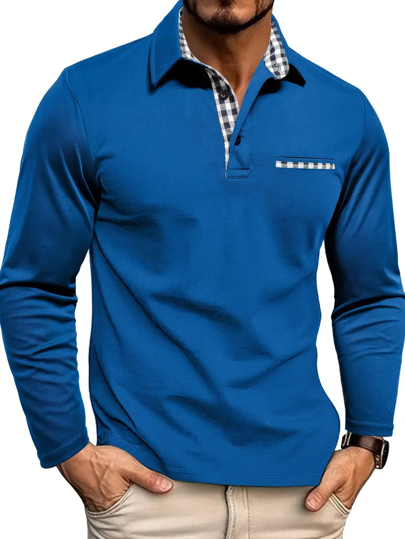 Men's Long Sleeve Polo Shirt Contrast Collar Pocket