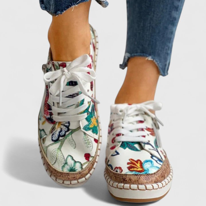Women's Floral Sneakers Cork Sole Lace-Up Platform