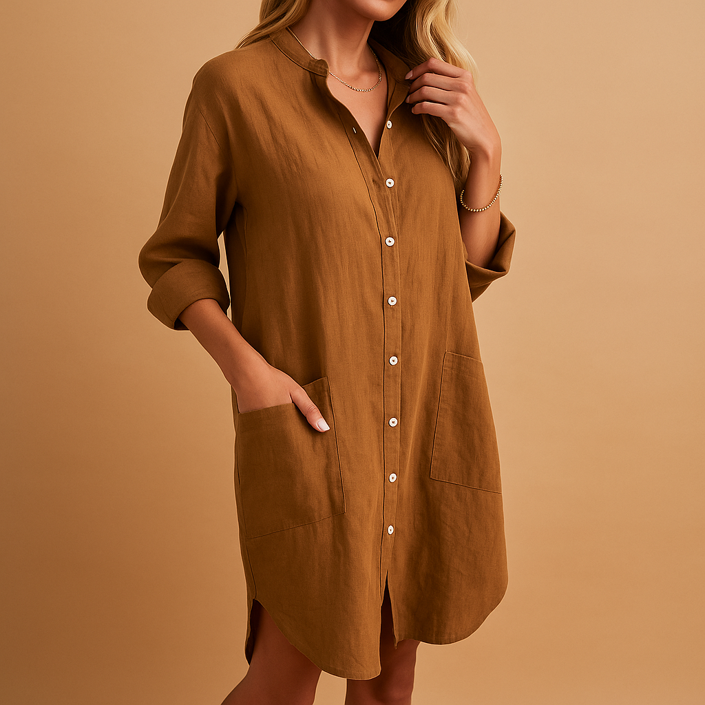 Women’s casual shirt dress with pockets and a comfortable fit, perfect for work, daily wear, and stylish evening outings.