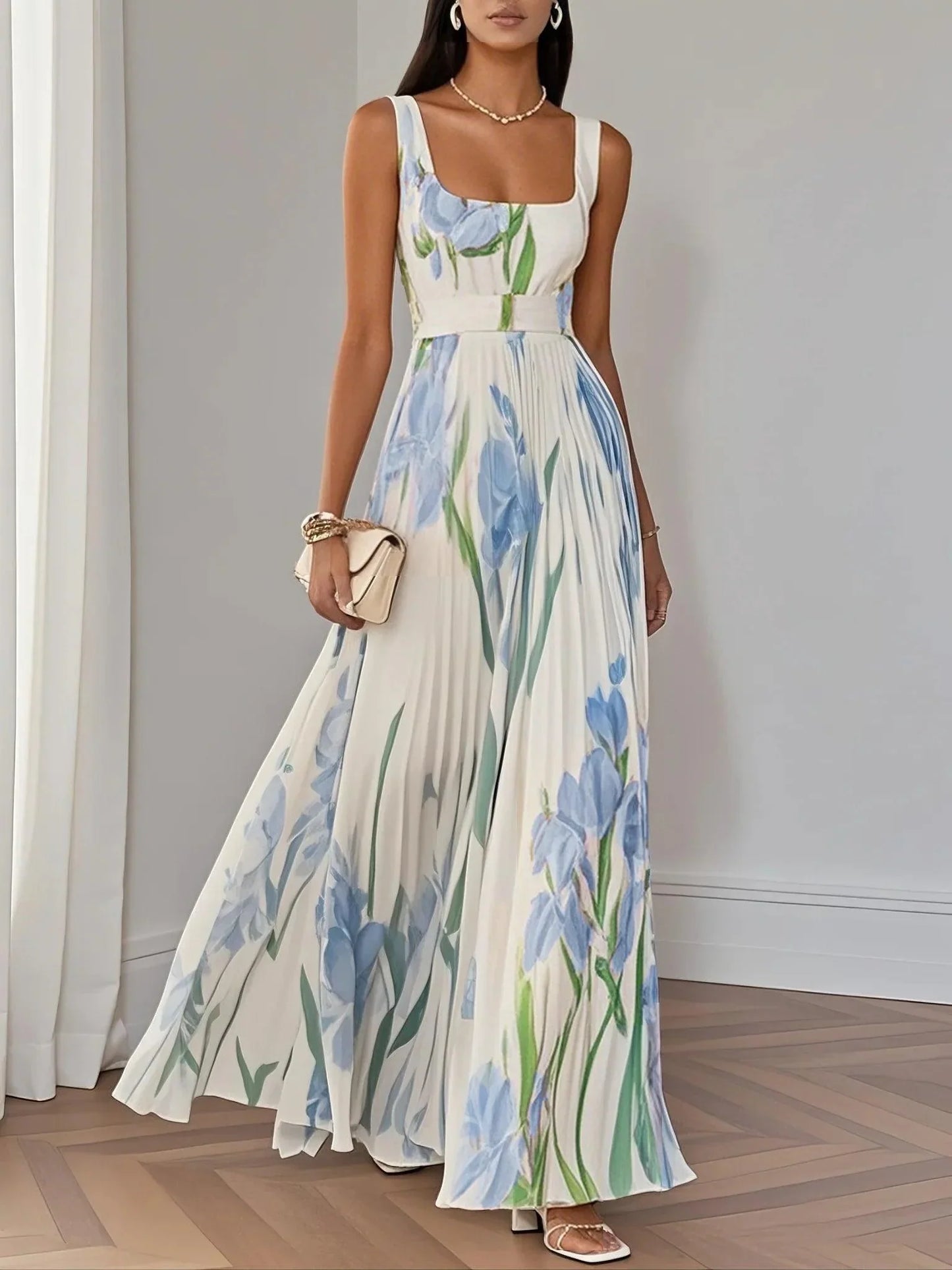 Elegant Sleeveless Floral Flowy Maxi Dress