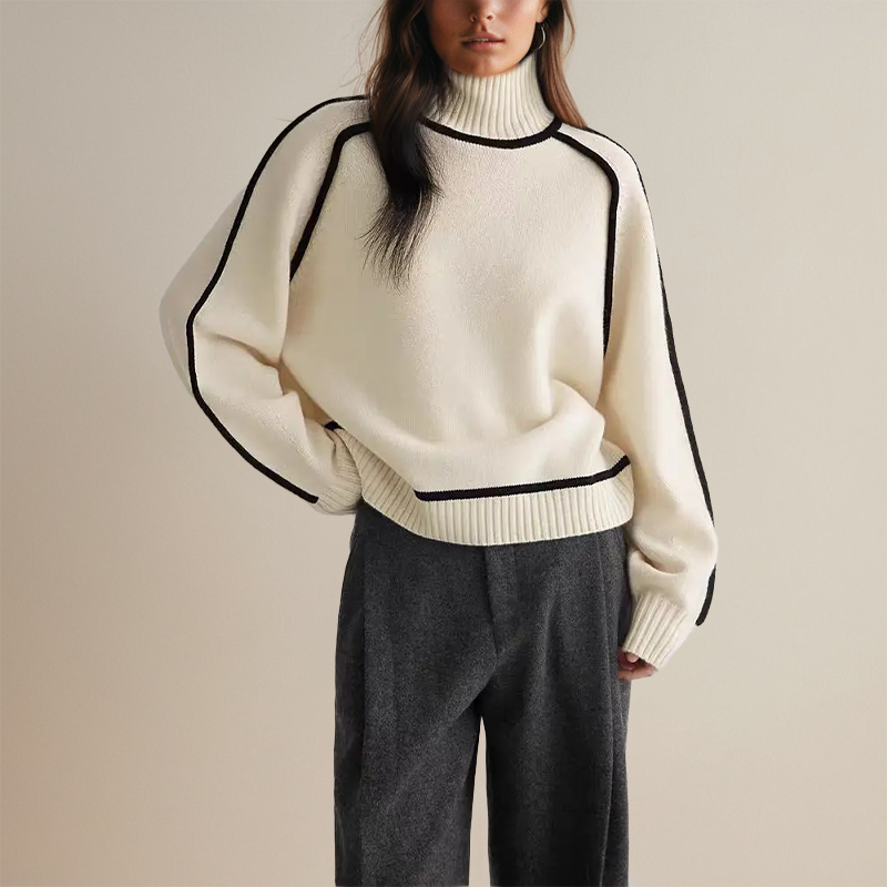 Women's Oversized Turtleneck Sweater Contrast Sleeve Trim
