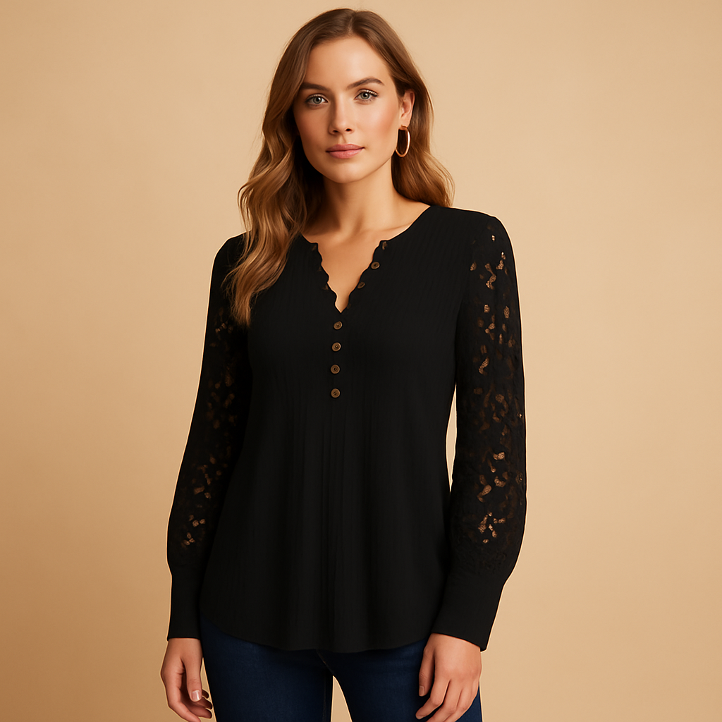 Elegant v-neck lace blouse for women with refined lace details, suitable for daily wear, work, and formal occasions.