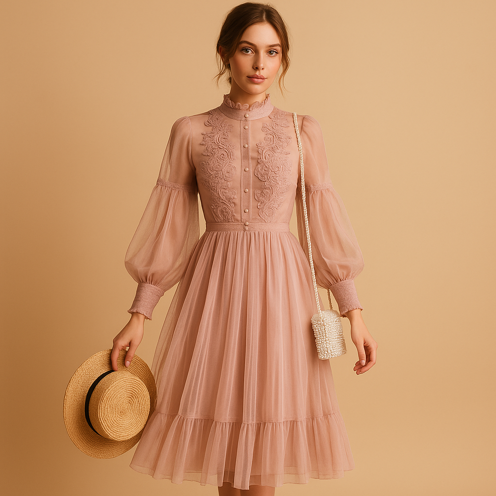 Floral high waist dress for women with lantern sleeves and stand collar, elegant and perfect for formal occasions or stylish daily wear.