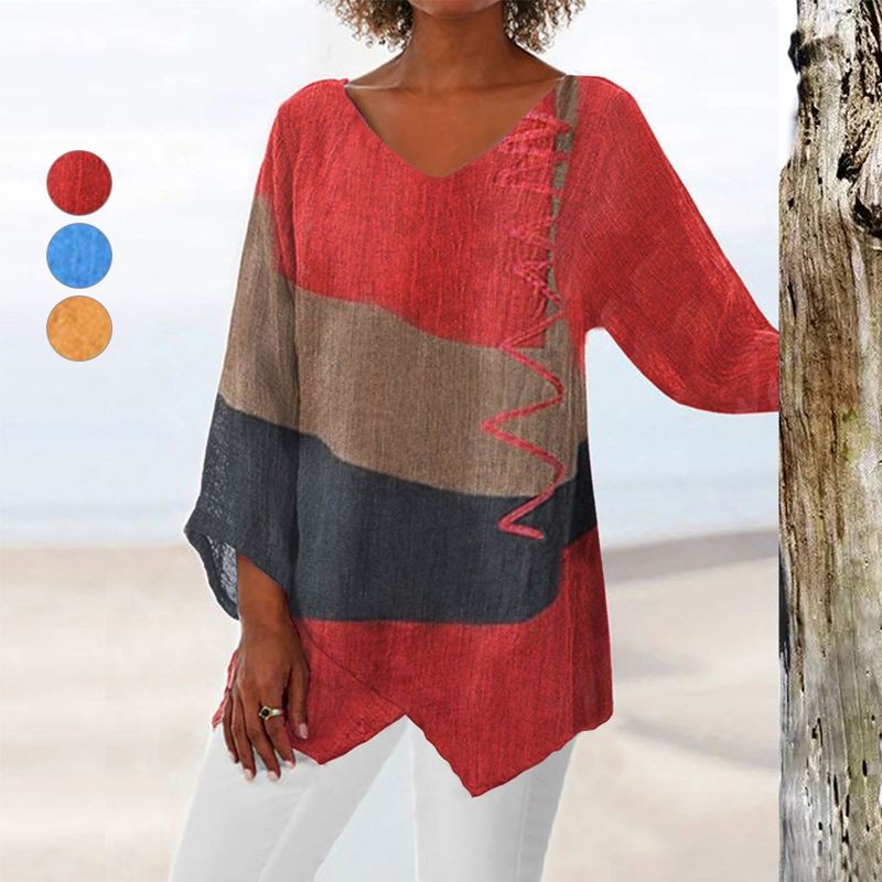 Women's V-Neck Colorblock Asymmetrical Hem