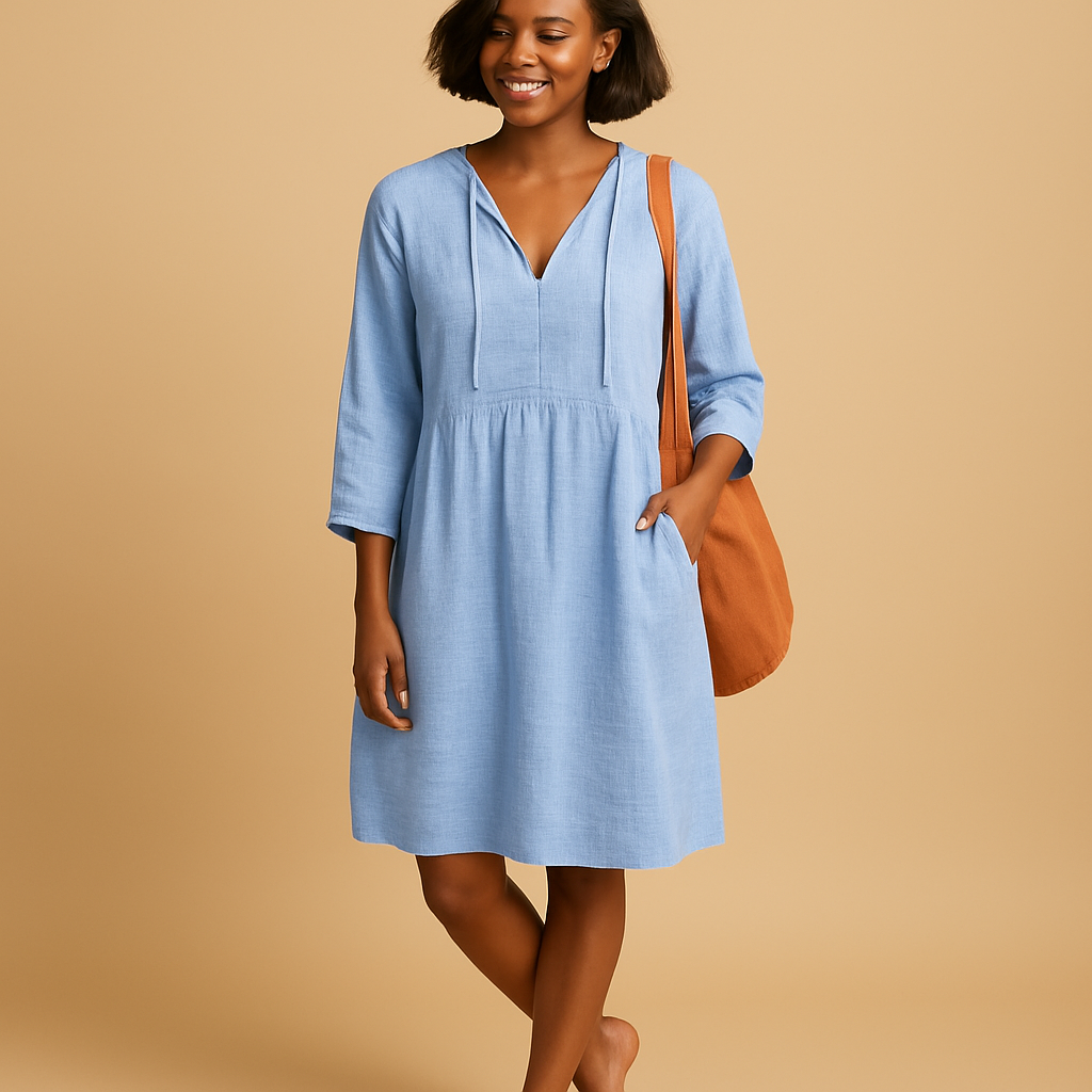 Knee length summer dress for women with short sleeves and flattering fit, perfect for casual outings, work, and warm-weather occasions.